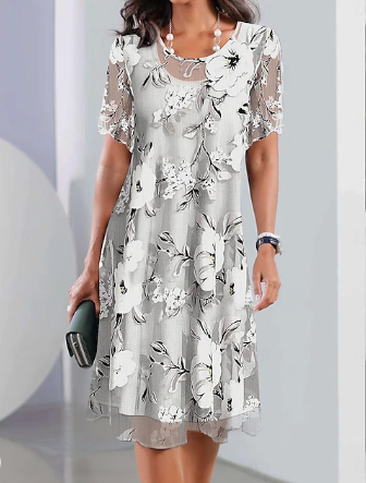 Damen Elegantes Chiffonkleid Floral Mesh Print Rundhalsausschnitt Midikleid Täglicher Urlaub Kurzarm Sommer Frühling