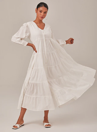 Damen Leinen Baumwollmischung Weißes Kleid Knopf V-Ausschnitt Solide Farbe Boho Maxikleid